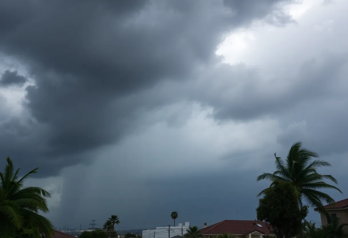 Dramatic storm clouds over San Diego with heavy rain.