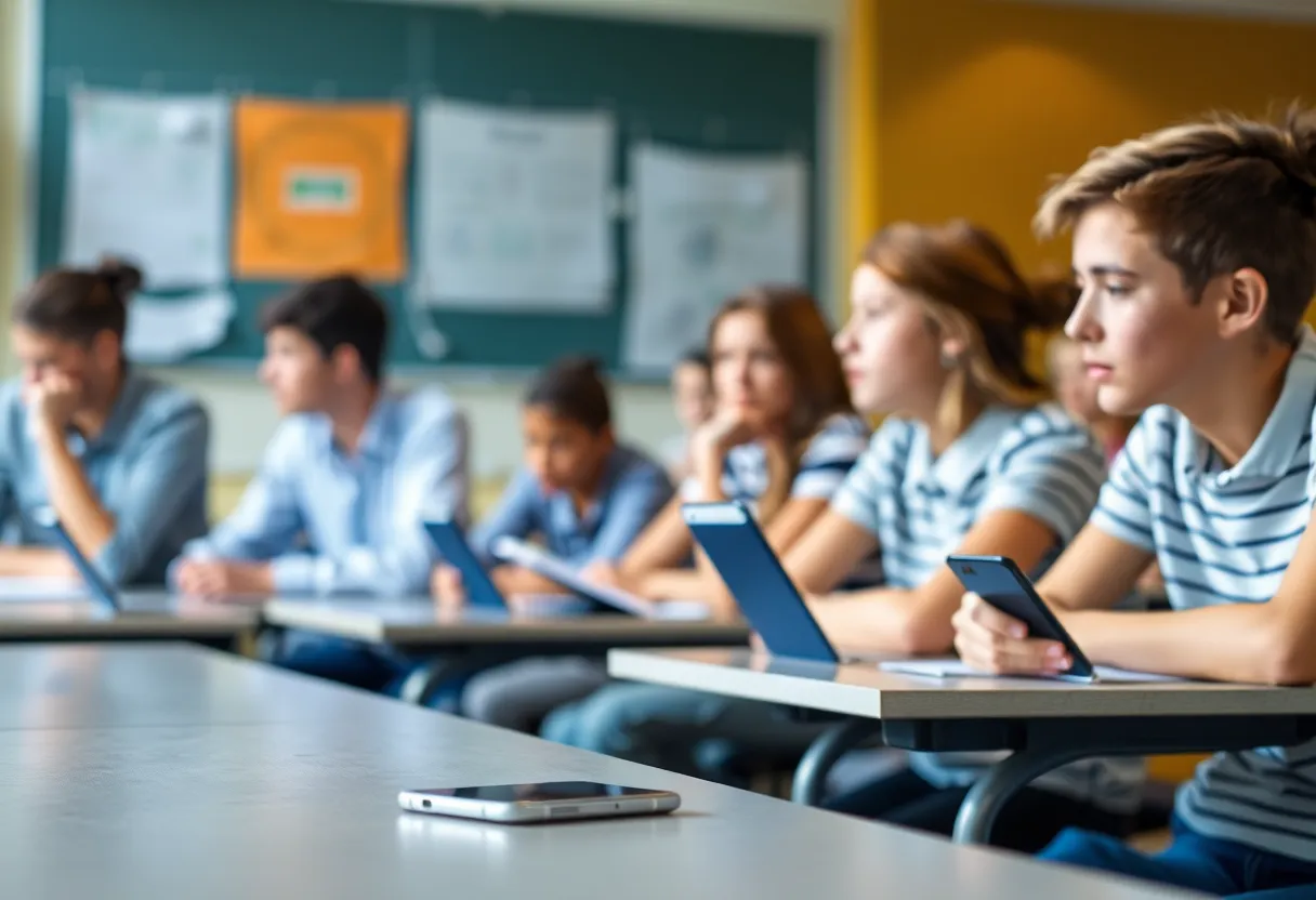 Students in a classroom focusing on their work without mobile phones.