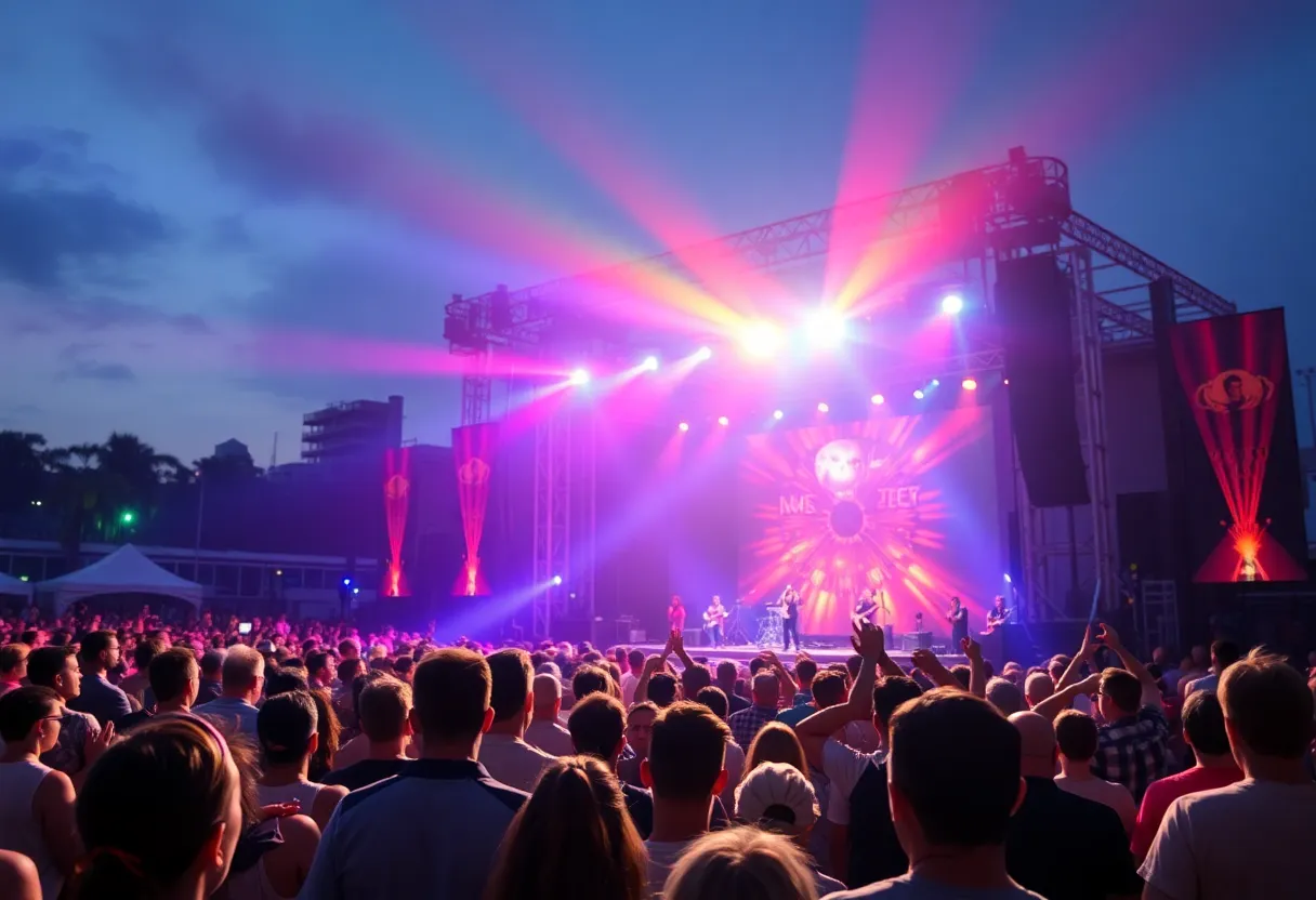 Concert scene featuring an energetic audience and a singer on stage at Gallagher Square