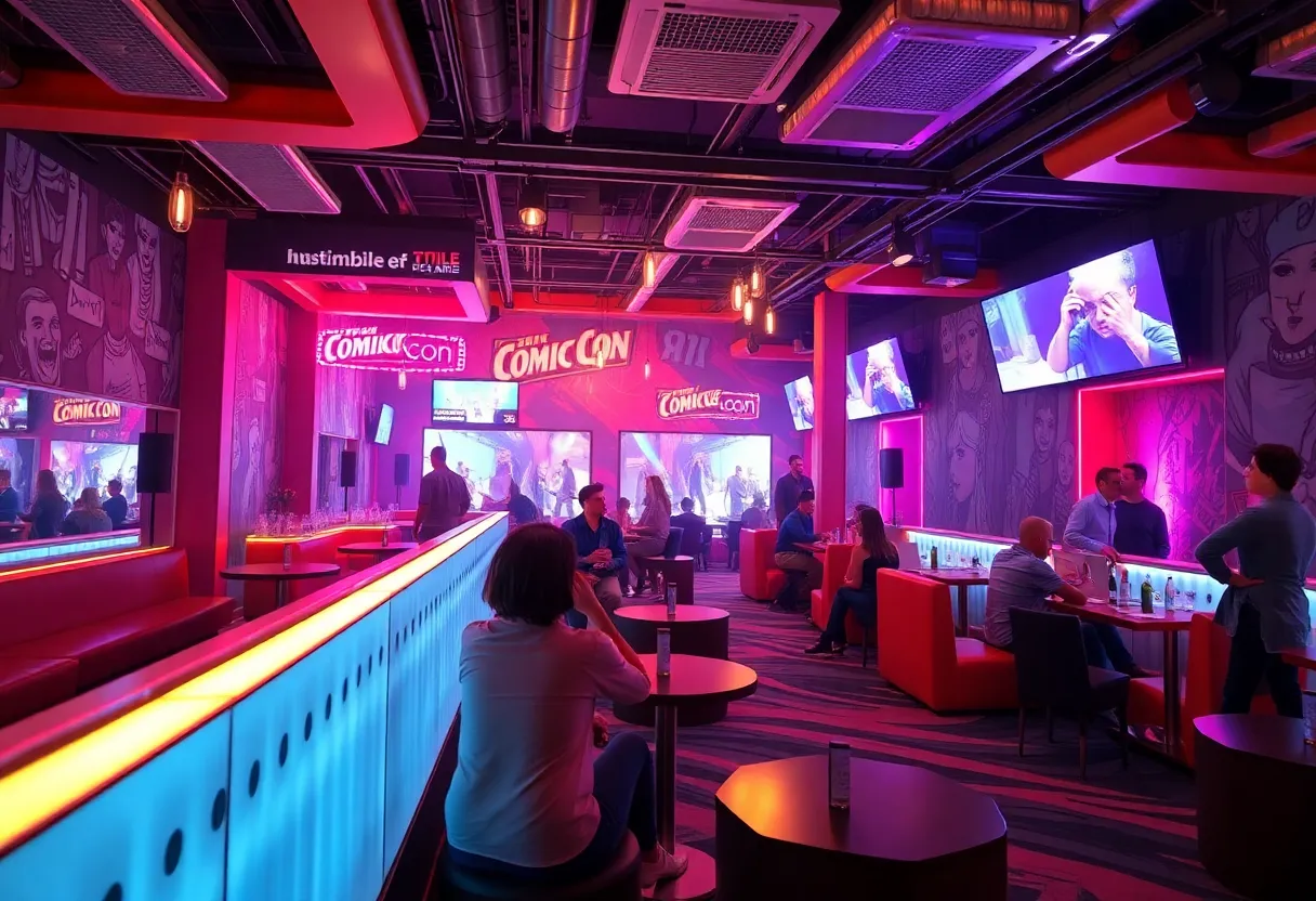 The Lodge activation at San Diego Comic-Con showing guests enjoying the lounge atmosphere.