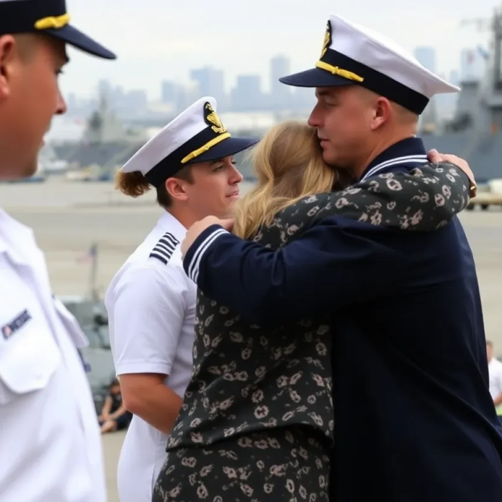 Sailors reunite with families at Naval Base San Diego after USS Princeton's deployment.