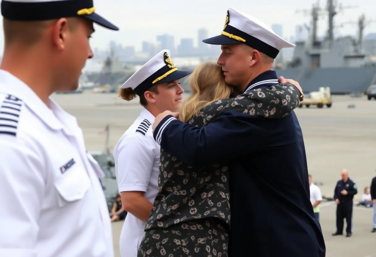 Sailors reunite with families at Naval Base San Diego after USS Princeton's deployment.