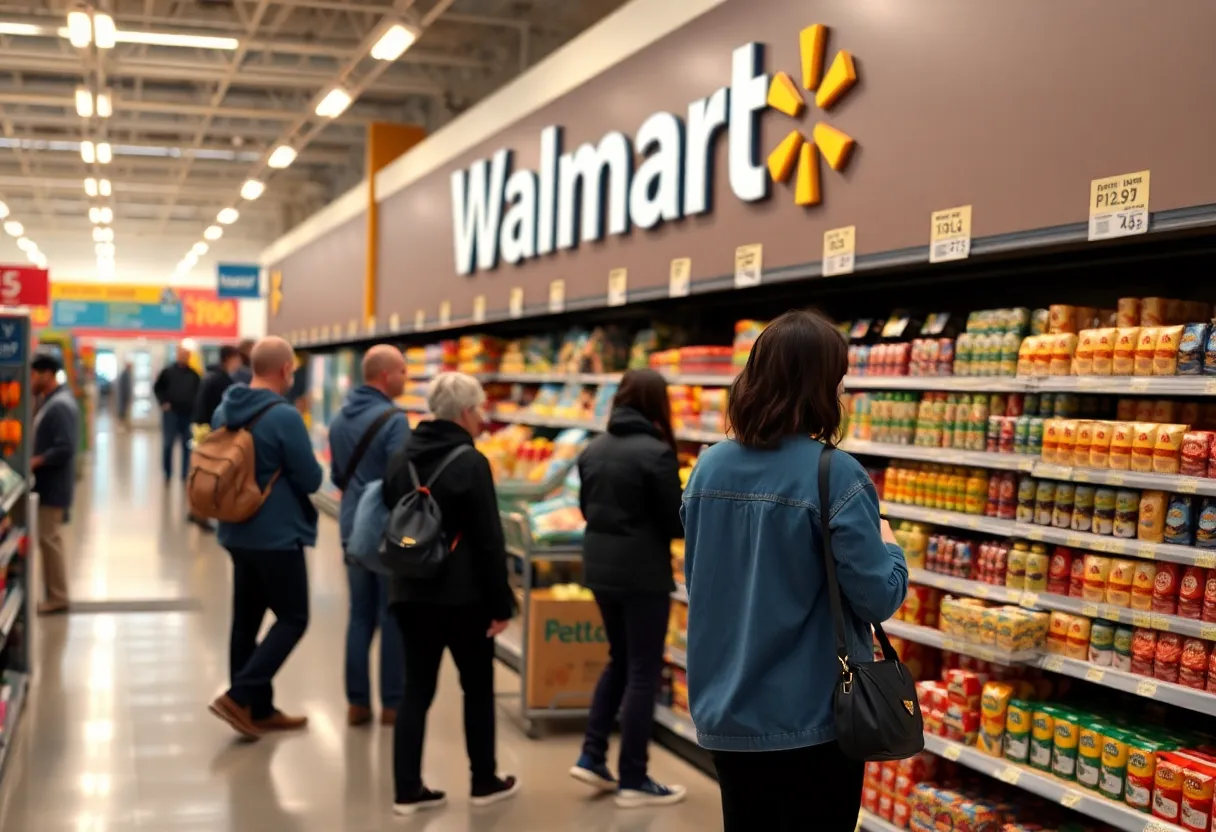 A view of a Walmart store checkout with pricing tags visible.