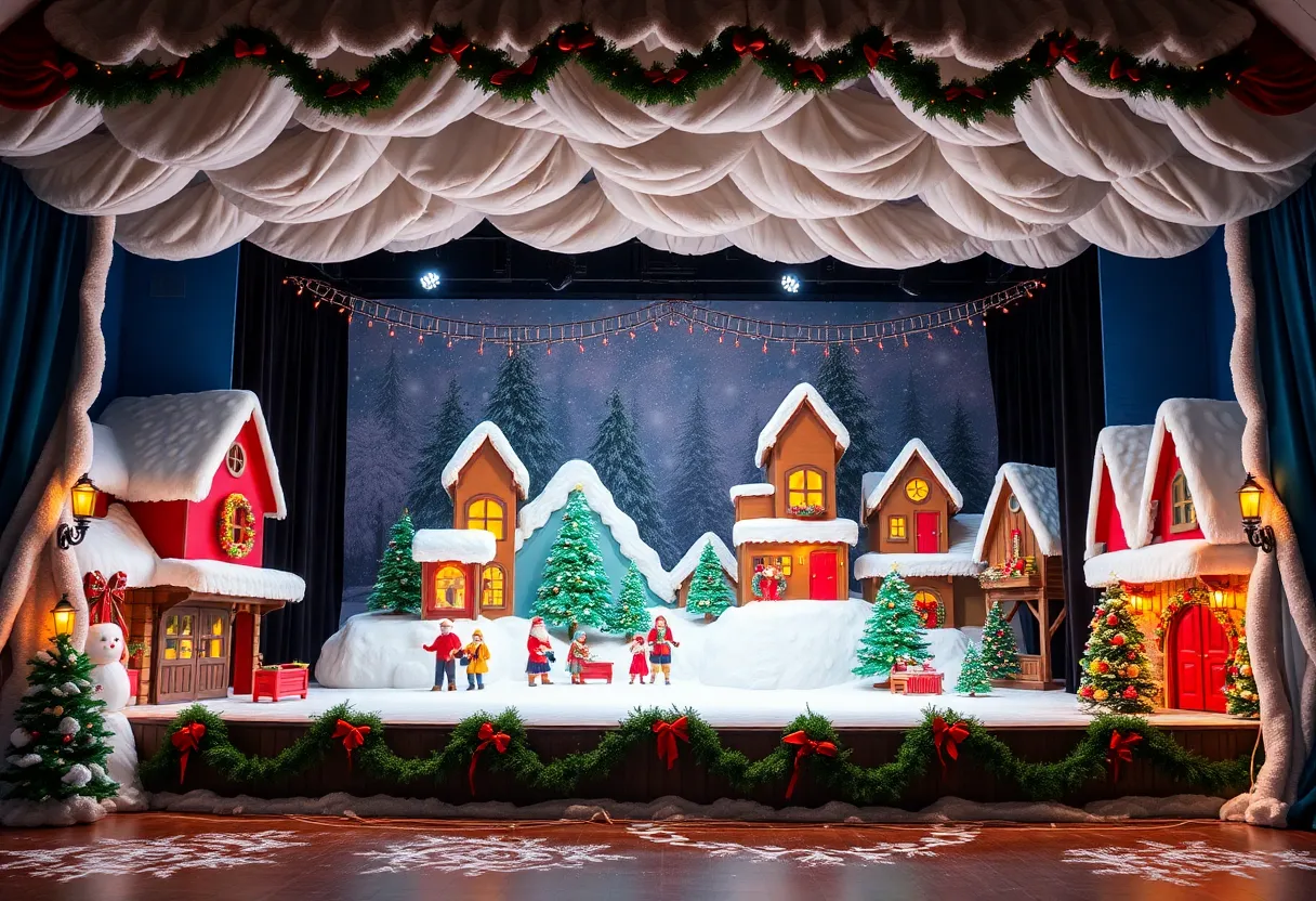 Snow-covered Who-ville stage at Old Globe Theater