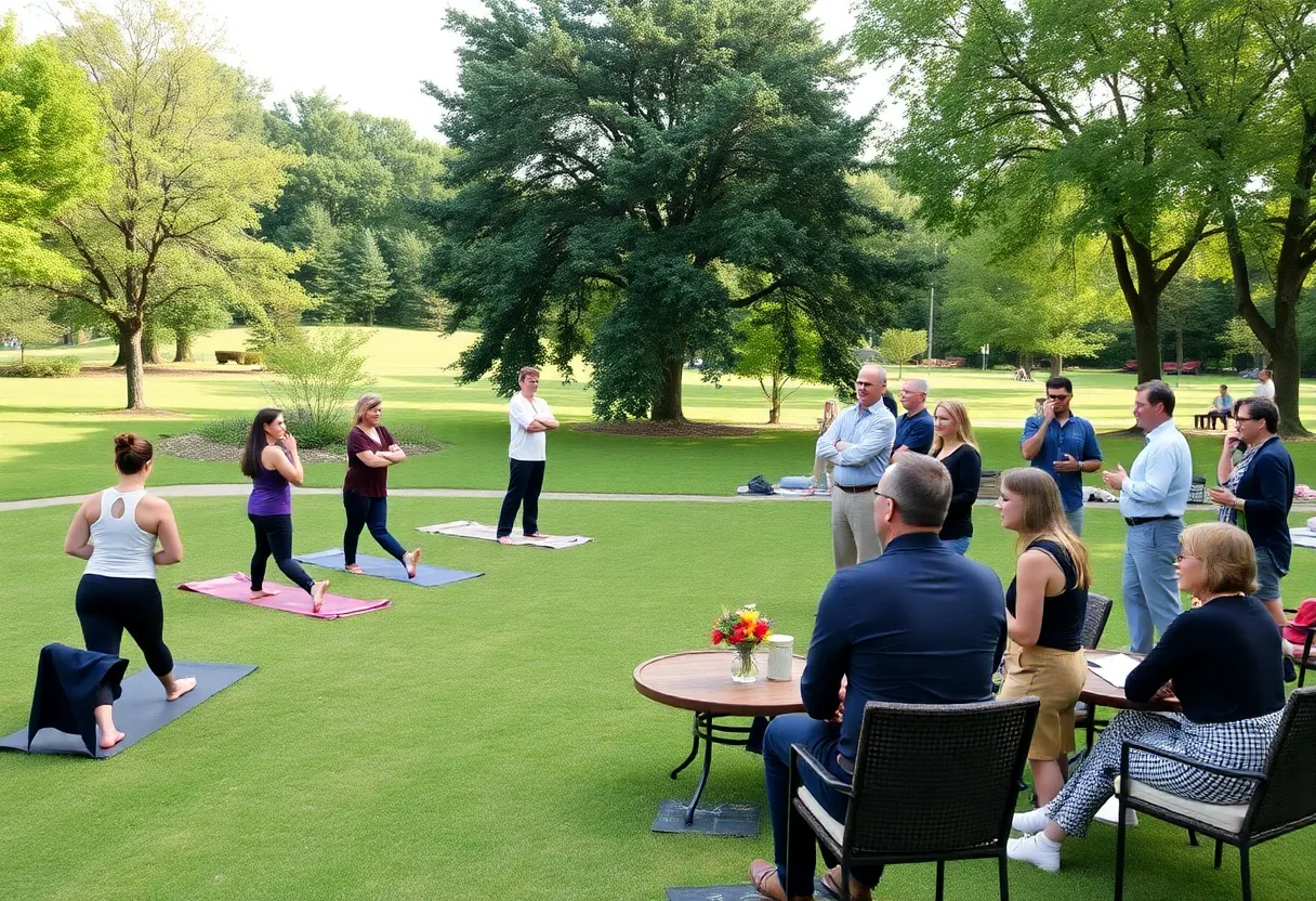 Participants enjoying yoga and networking at Kate Sessions Park.