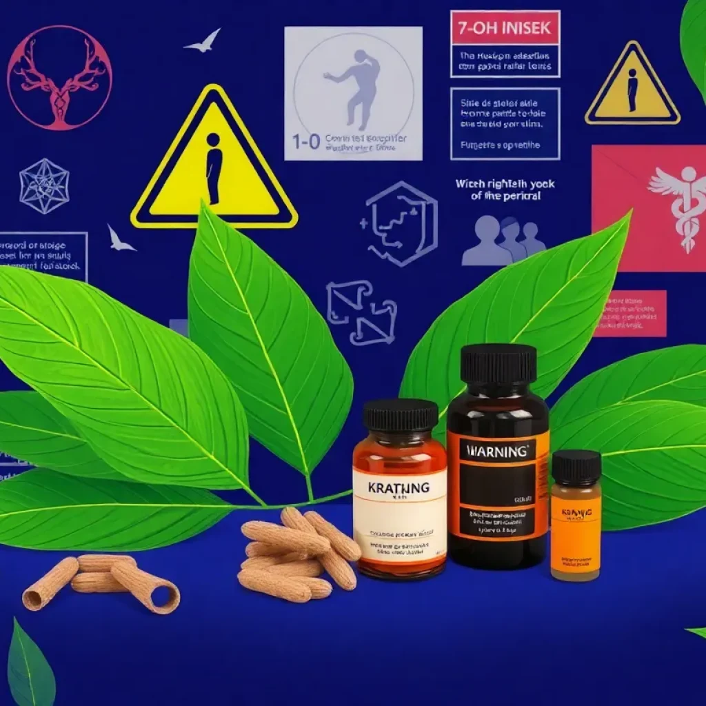 Illustration of kratom leaves and products with warning signs