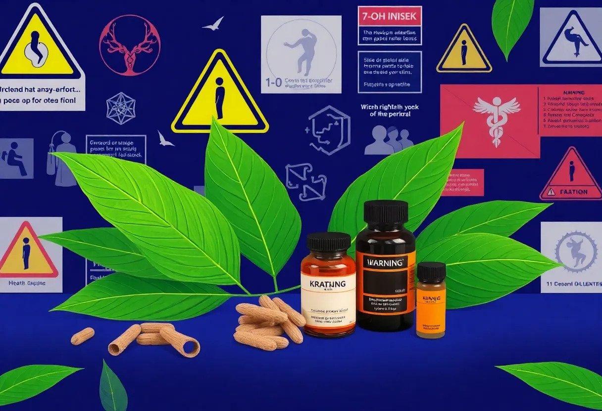 Illustration of kratom leaves and products with warning signs