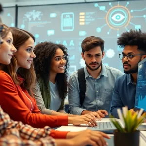 Diverse college students using AI technology to combat financial aid fraud.