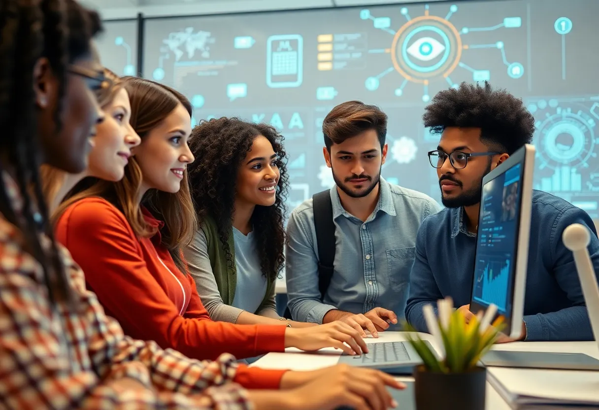 Diverse college students using AI technology to combat financial aid fraud.