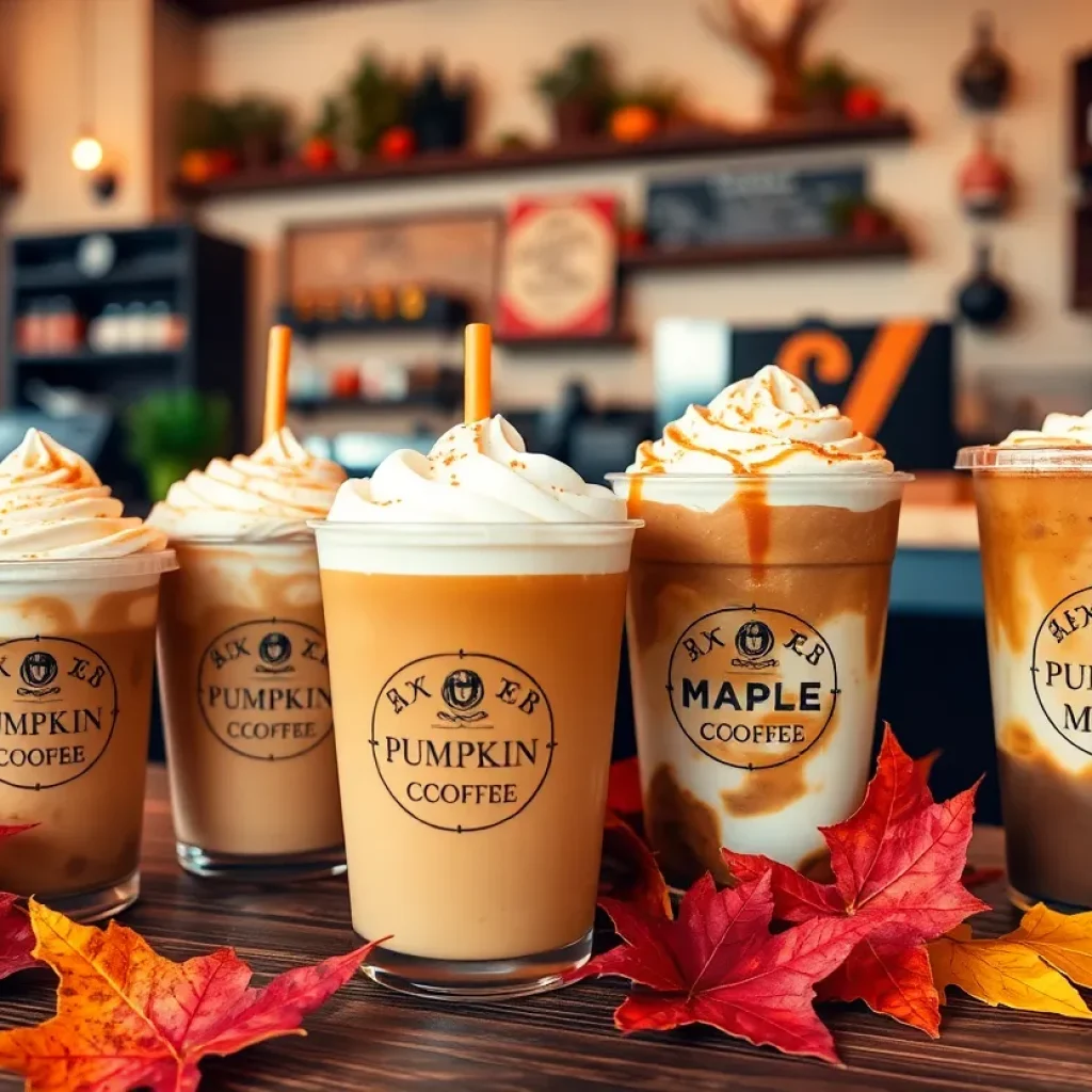 A selection of autumn coffee drinks on a wooden table, featuring a pumpkin drink and a maple flavored coffee.