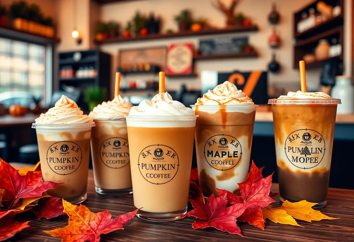 A selection of autumn coffee drinks on a wooden table, featuring a pumpkin drink and a maple flavored coffee.