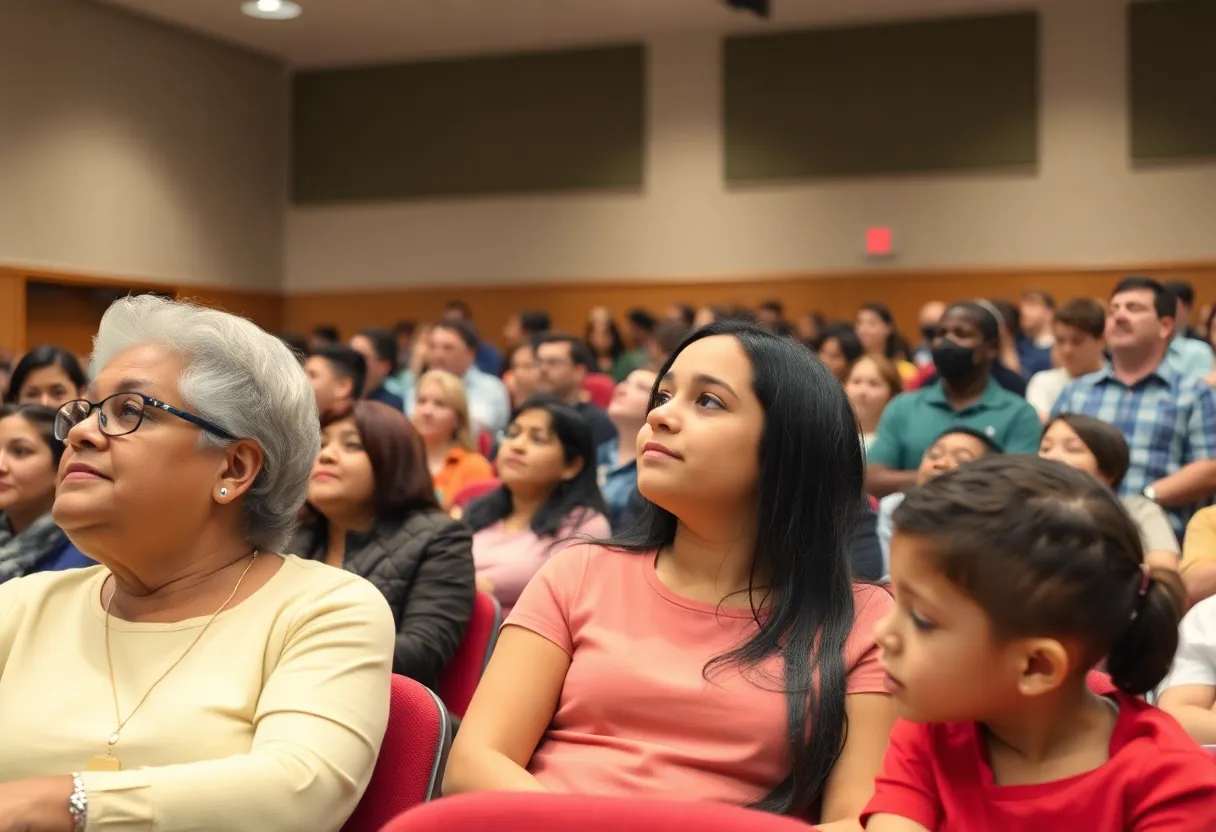 Community members engaged in a meeting at Bethune K-8 School auditorium