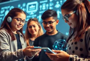 Young individuals engaging with AI chatbot technology safely.