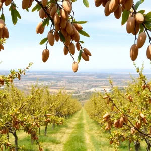 Ripe almonds on trees in a California orchard during harvest season.