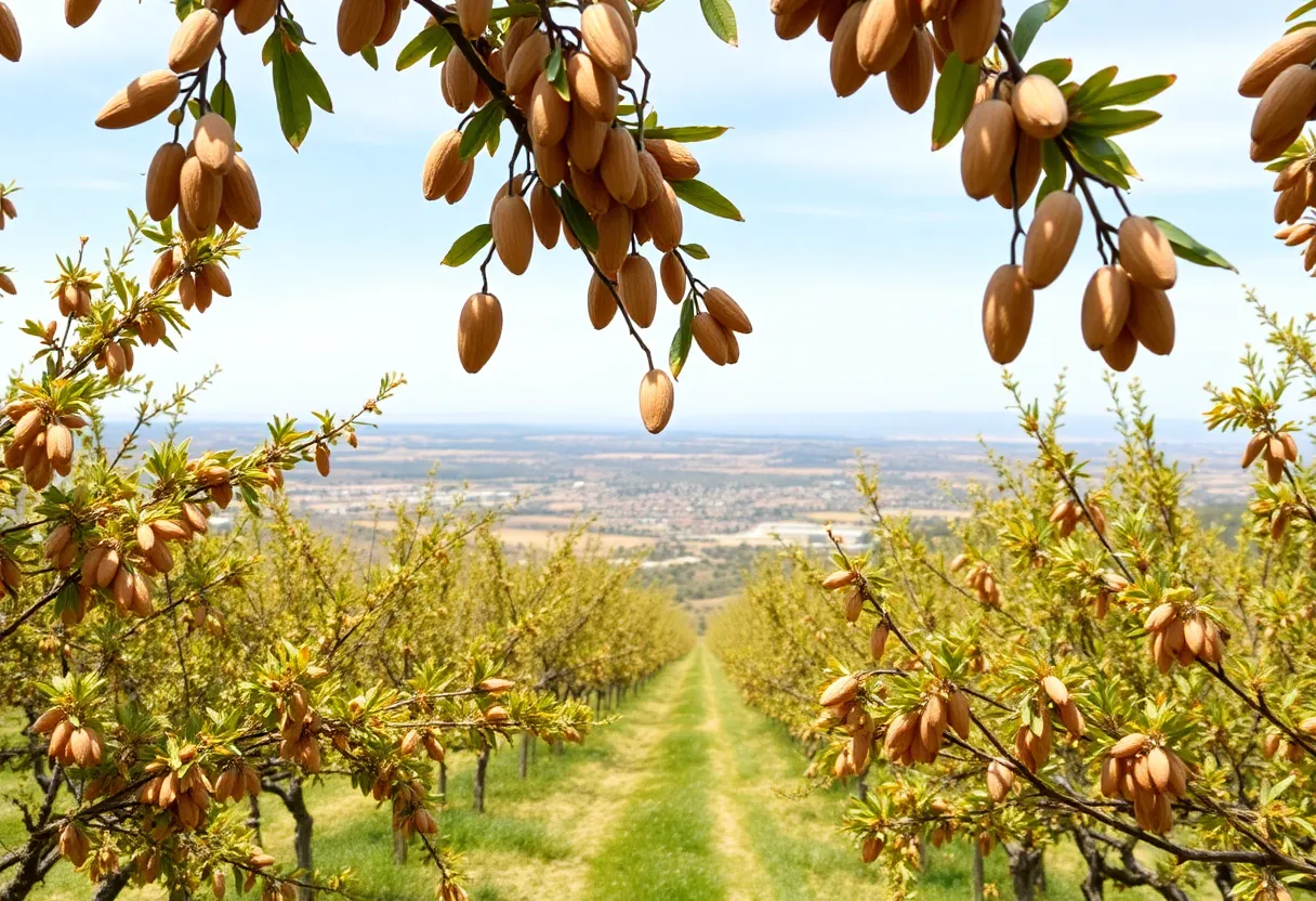Ripe almonds on trees in a California orchard during harvest season.