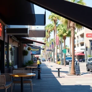 Scene showcasing various businesses in California adapting to market changes.