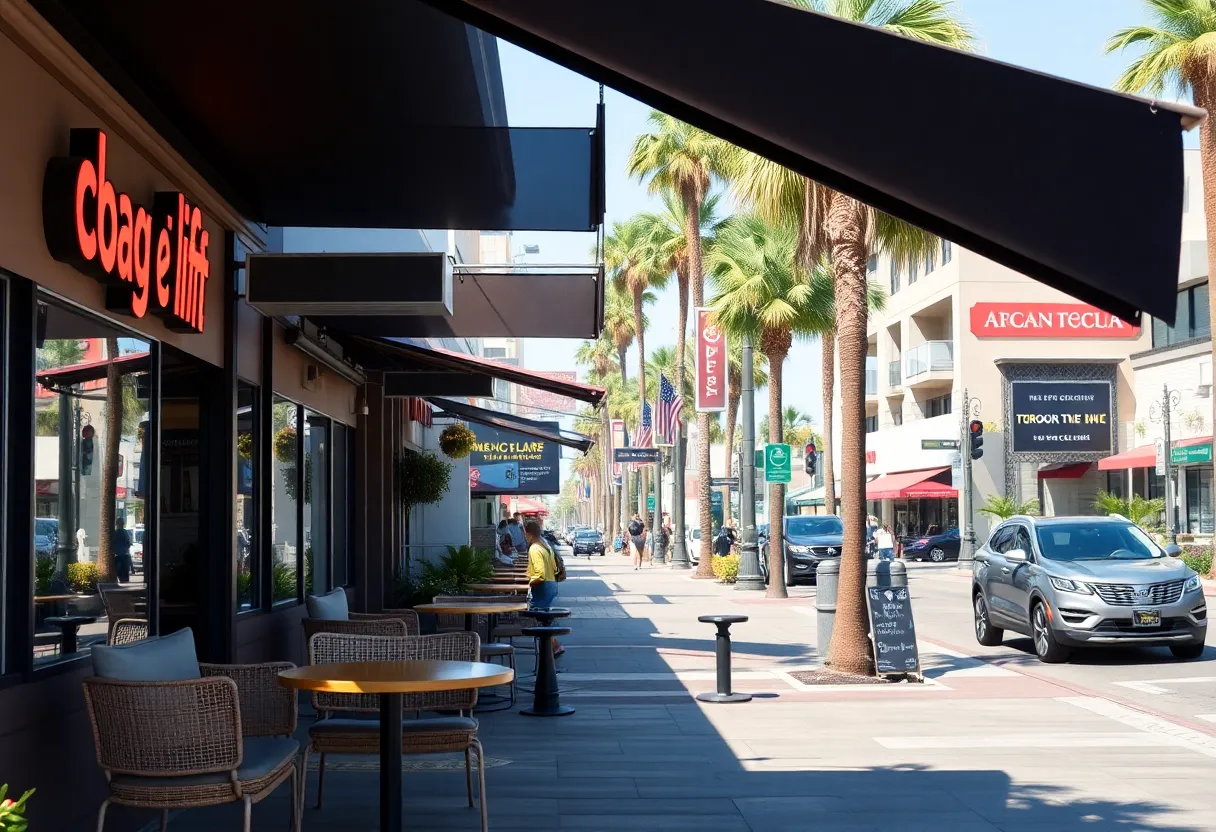 Scene showcasing various businesses in California adapting to market changes.