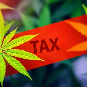 Cannabis leaves with a tax symbol overlay