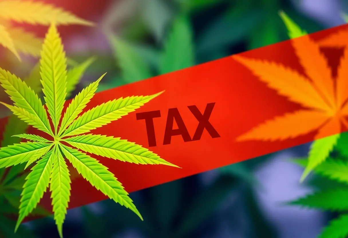 Cannabis leaves with a tax symbol overlay