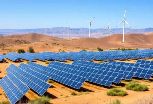 Solar panels and wind turbines in California landscape.