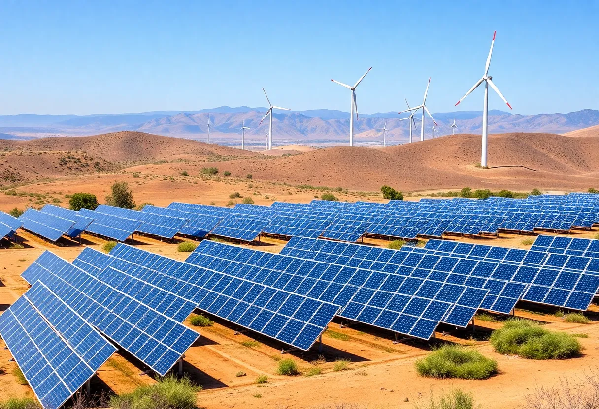 Solar panels and wind turbines in California landscape.