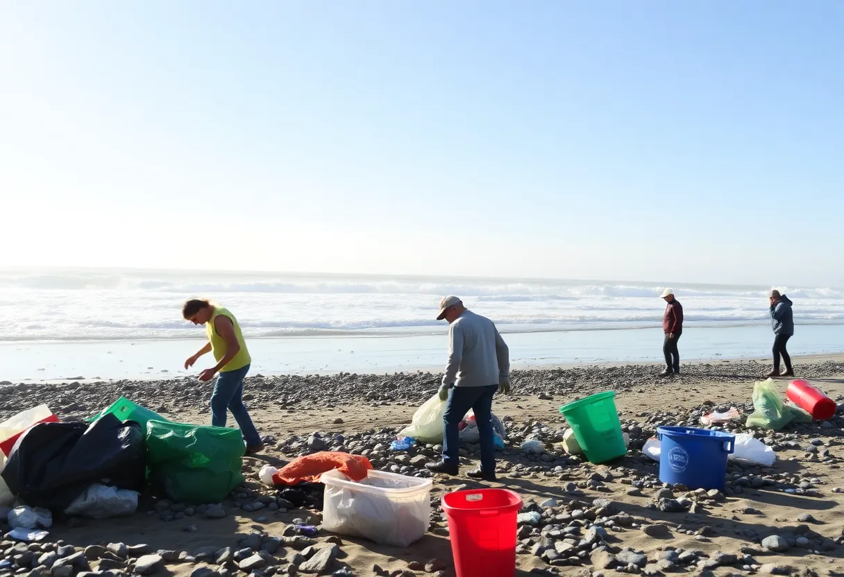 Volunteers participating in California Coastal Cleanup Day on a beach