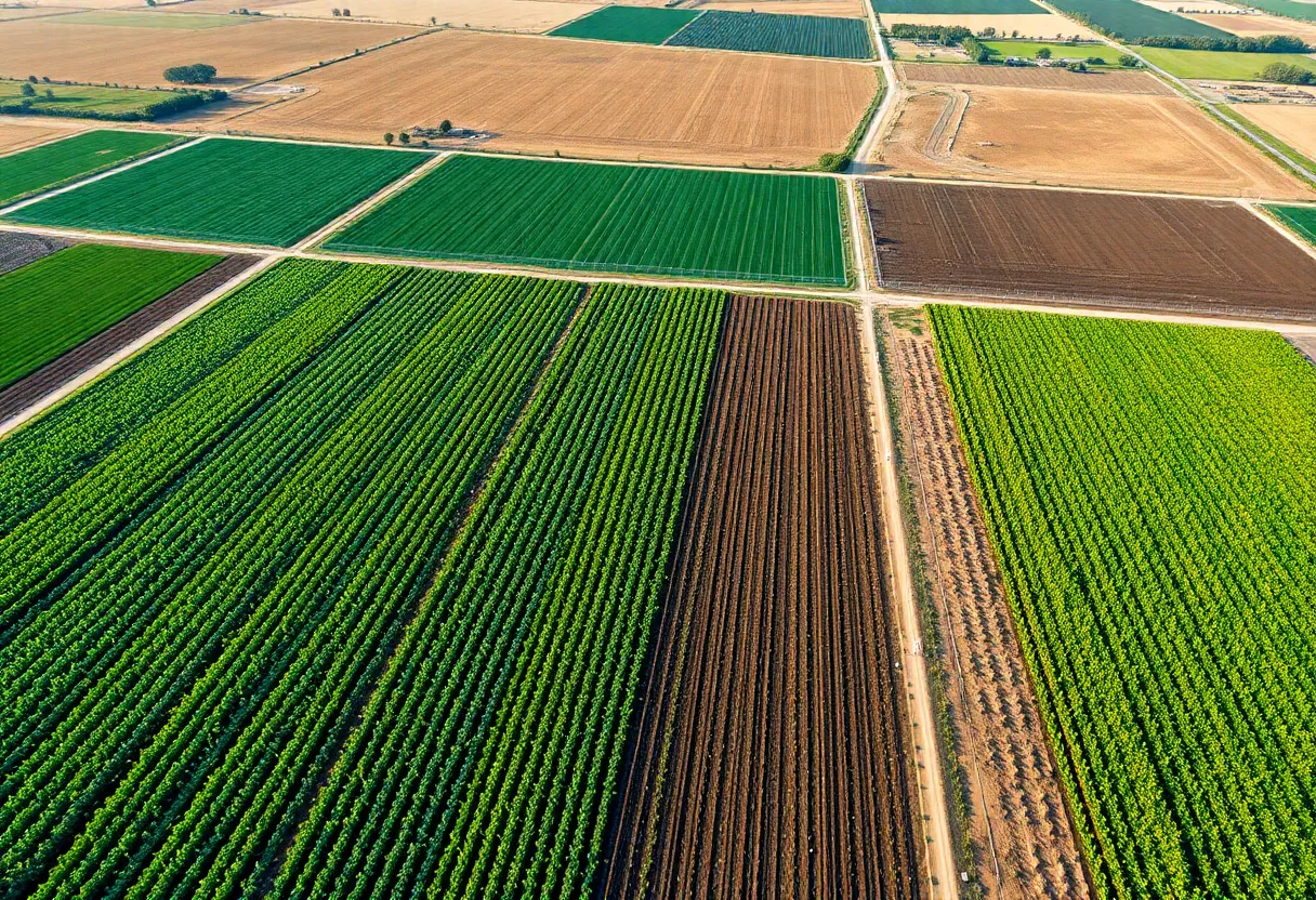 Aerial view of California agriculture showing vibrant crops and areas of decline.