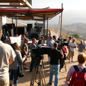 A film crew working on a set in California.