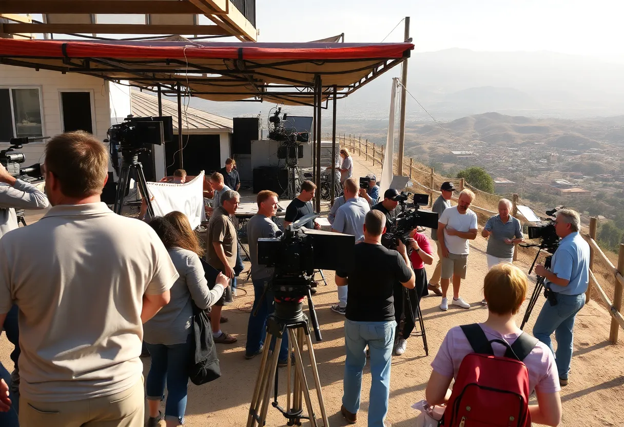 A film crew working on a set in California.