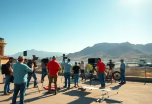 Film crew setting up on a production set in California