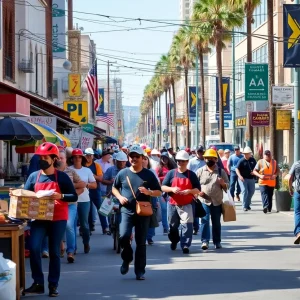 Busy California street showcasing various workers