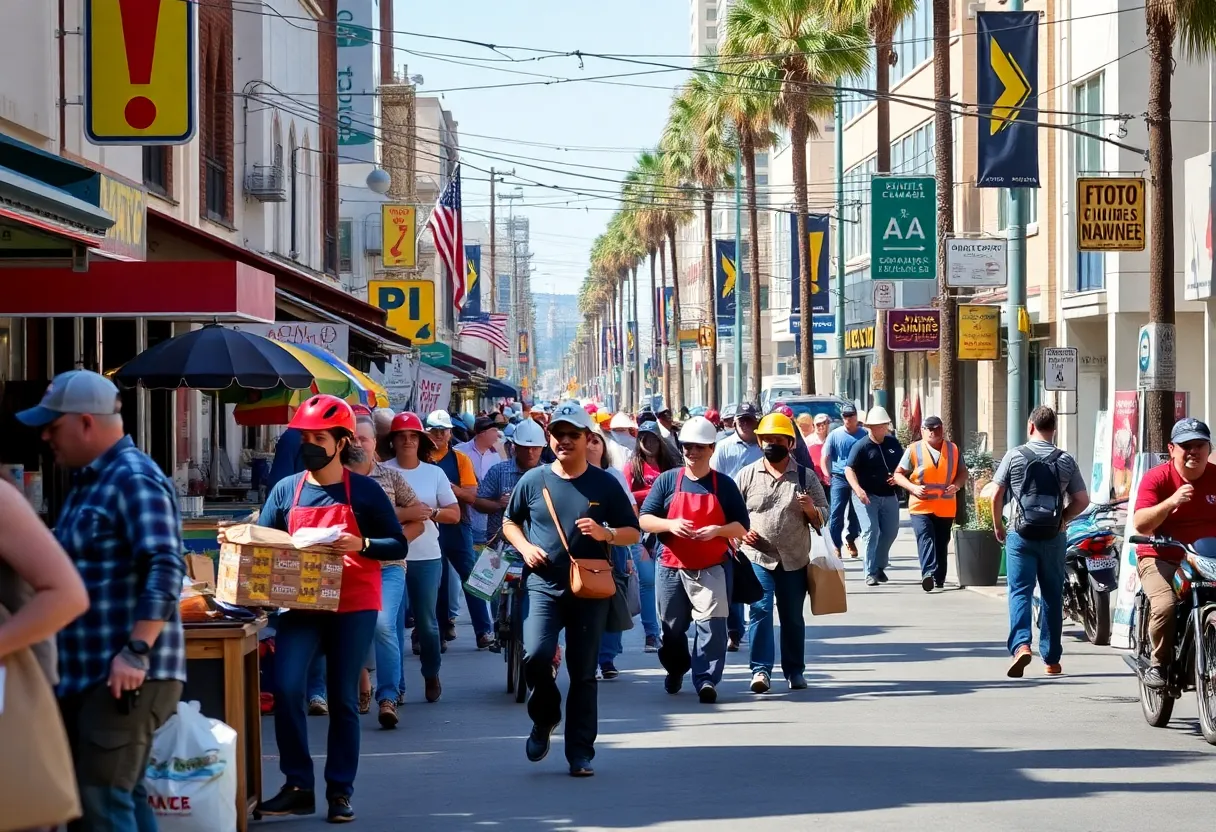 Busy California street showcasing various workers