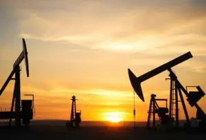 Oil wells in Kern County during sunset