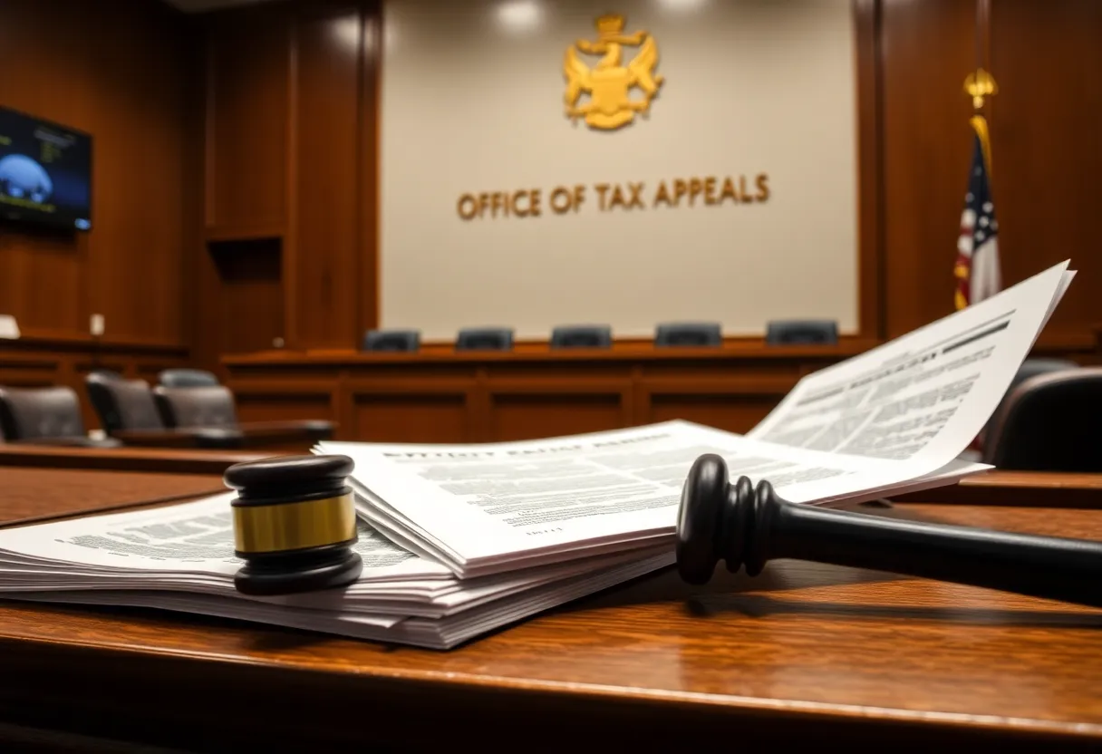 Courtroom illustration for California Office of Tax Appeals authority