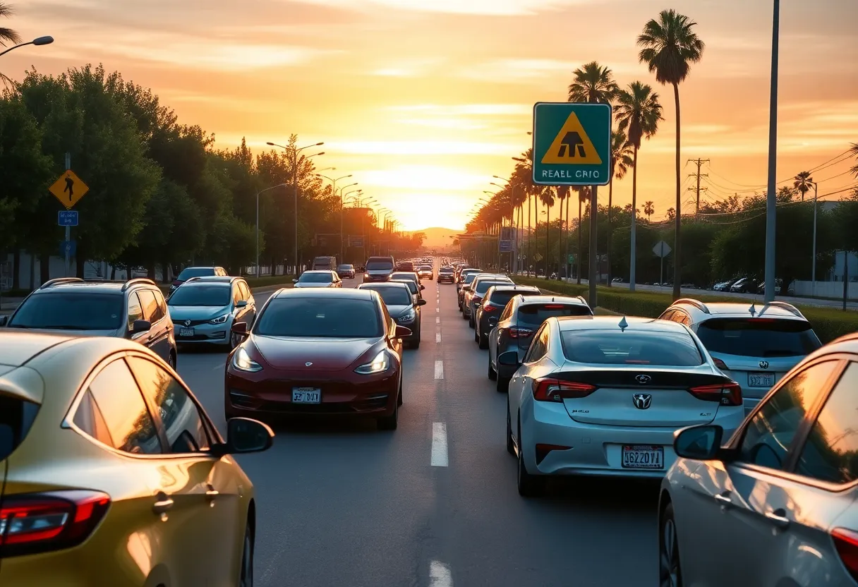 California road with cars and road repair signs