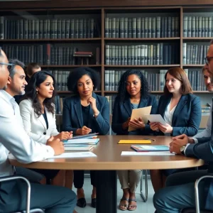 Meeting of legal professionals discussing bar examination reforms.