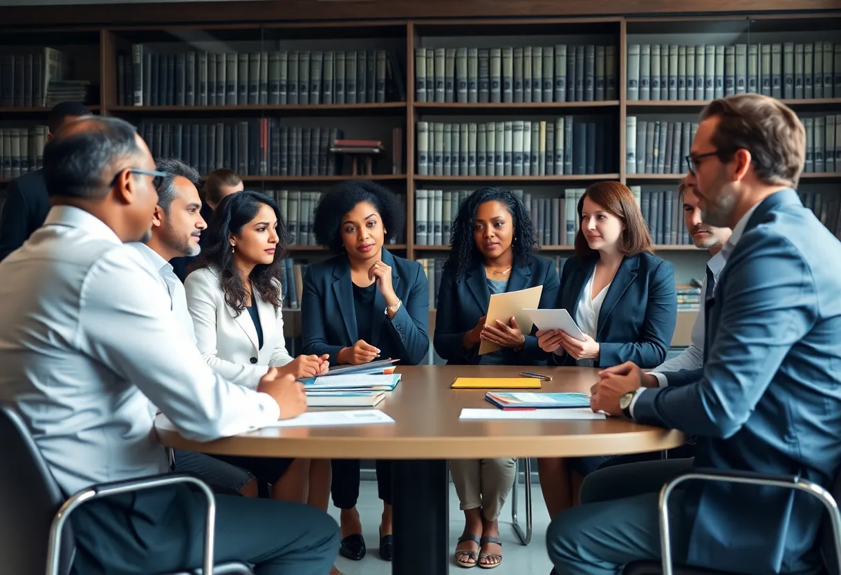Meeting of legal professionals discussing bar examination reforms.