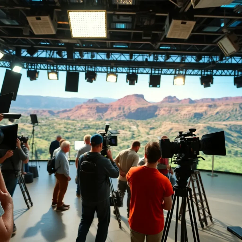 A lively scene on a California television production set with crew and equipment.