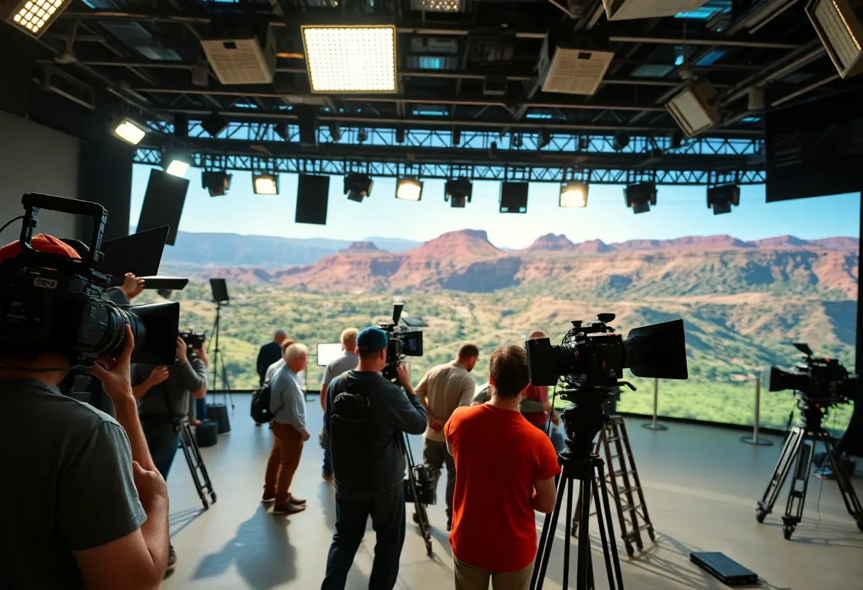 A lively scene on a California television production set with crew and equipment.