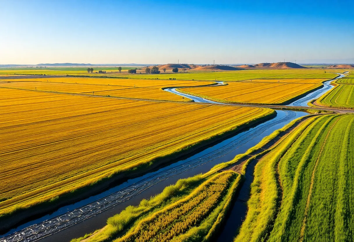 A picturesque view of California's agricultural landscape with water channels