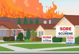 Illustration of a California neighborhood with wildfire insurance signs.