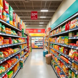 Shelves of groceries in a California store with rising prices