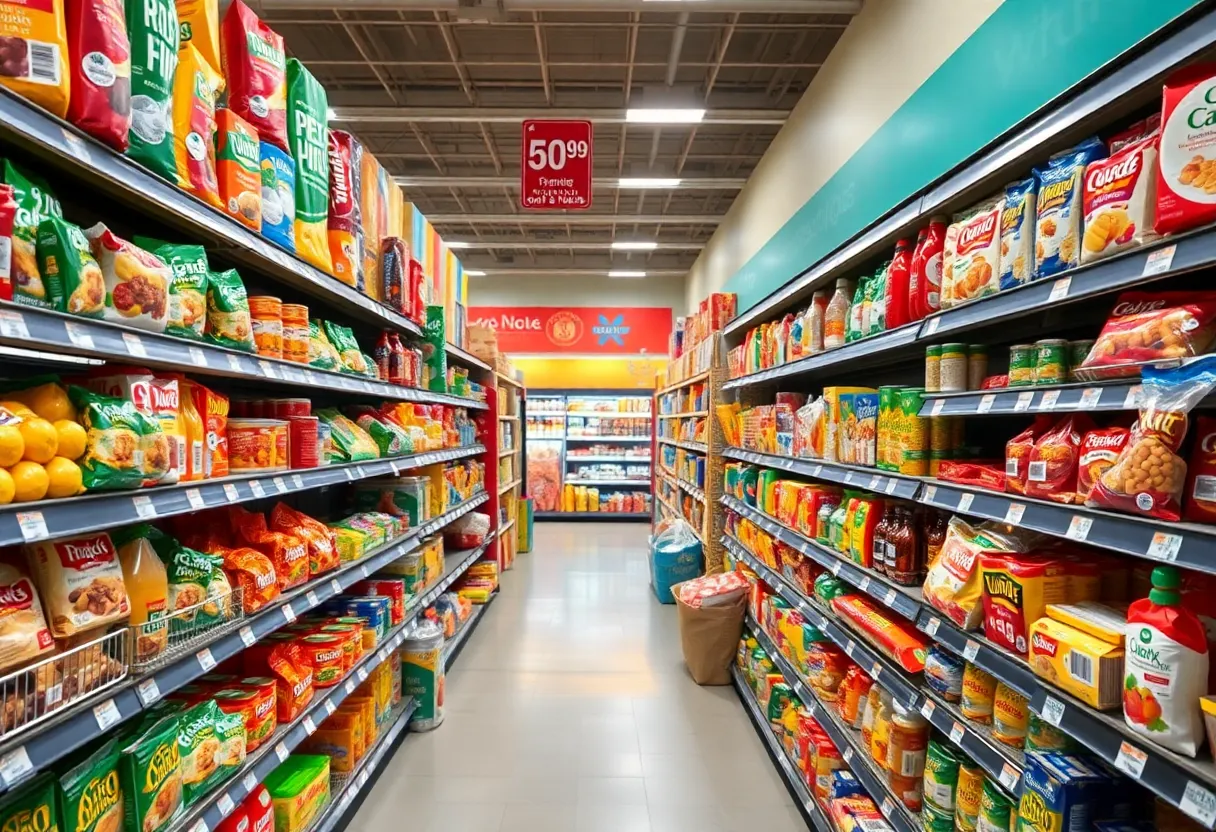 Shelves of groceries in a California store with rising prices