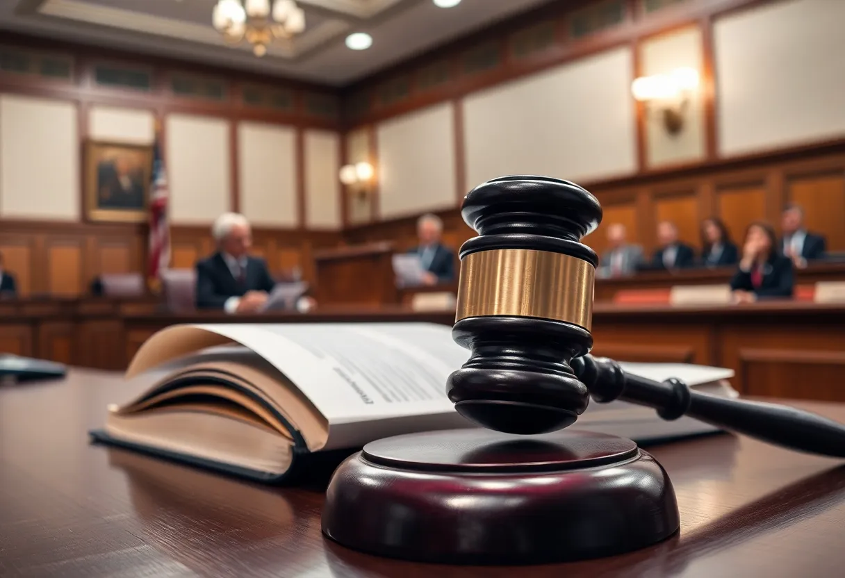 A judge's gavel and legal books in a courtroom setting.