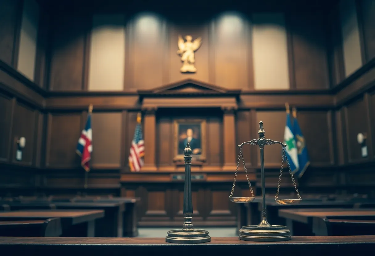 Symbolic representation of justice in a courtroom for asylum seekers