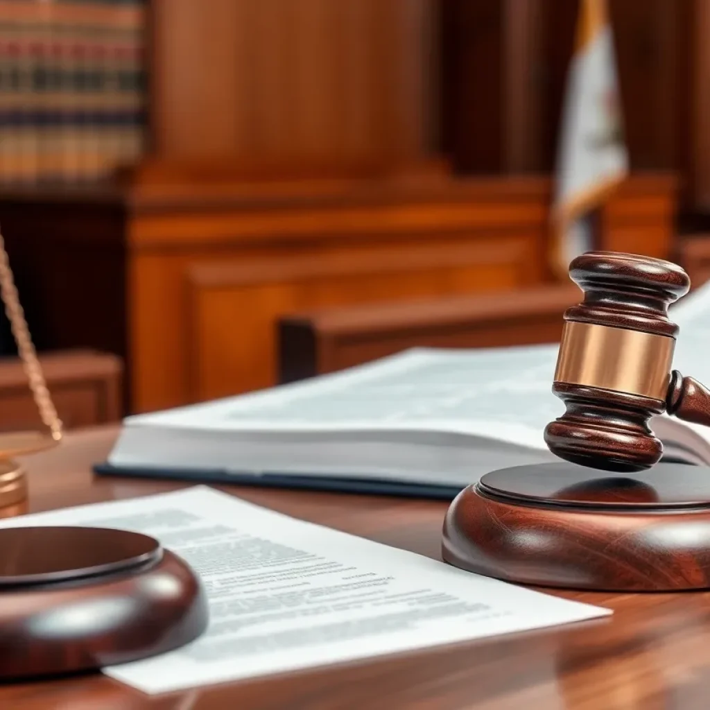 A courtroom with legal books and gavel representing justice