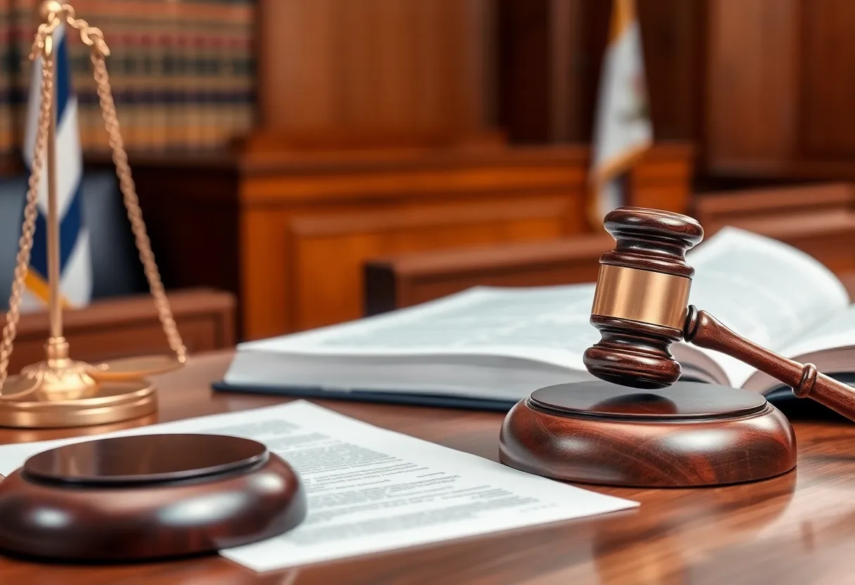 A courtroom with legal books and gavel representing justice