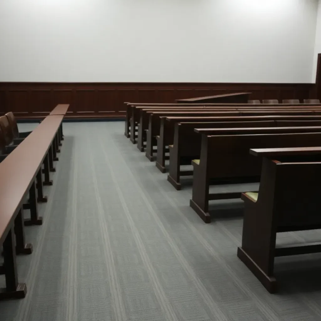 Courtroom with empty benches and solemn atmosphere