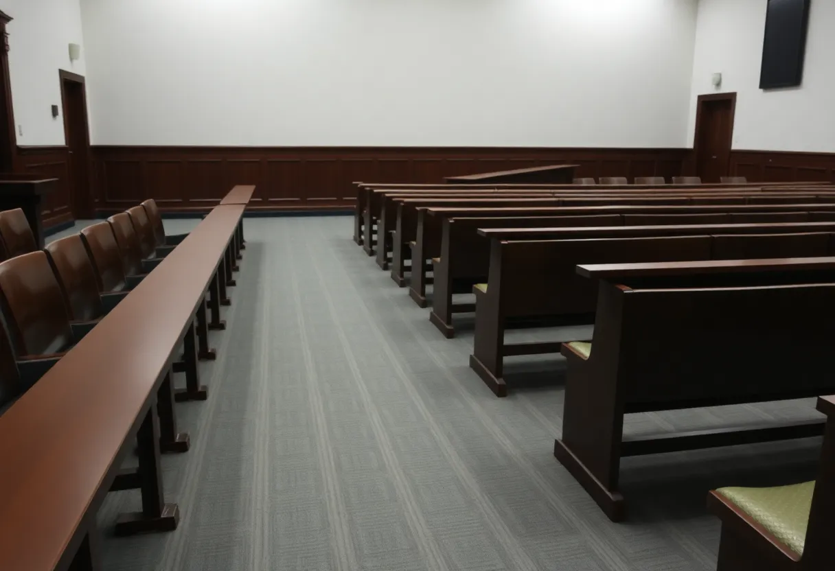 Courtroom with empty benches and solemn atmosphere