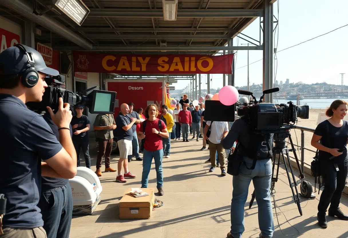 Crew members filming a movie in San Diego with city skyline in the background.